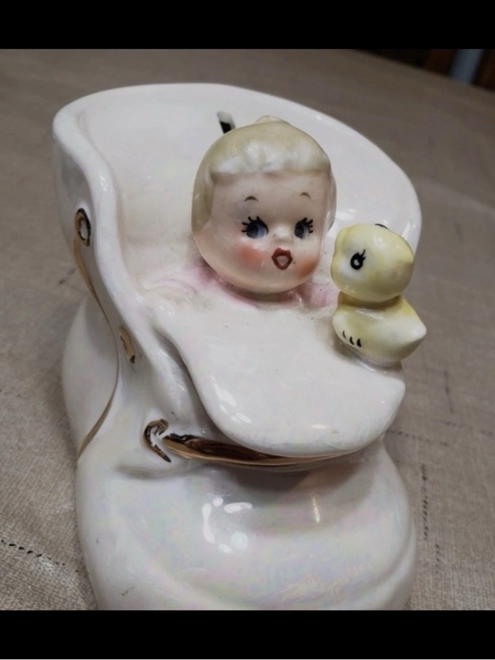 Vintage Lefton Mid century Lustreware White Baby Shoe Ceramic #1342